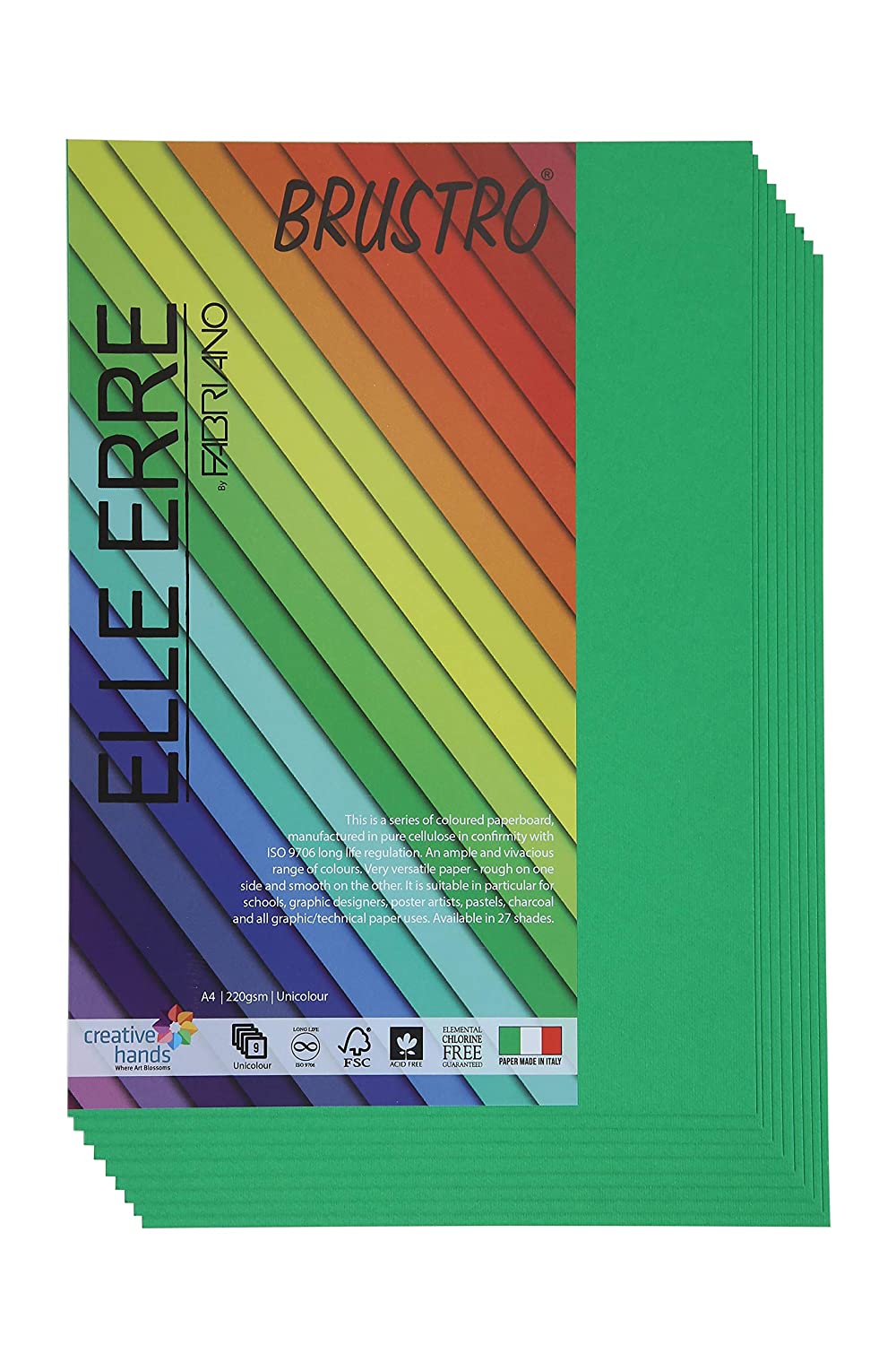 BRUSTRO Elle Erre Coloured Card Stock Craft Paper | A4, 220 GSM, Pack of 9 Sheets | Acid free, Ideal for Pastel, Charcoal, Calligraphy, Silkscreen, Pen & Ink