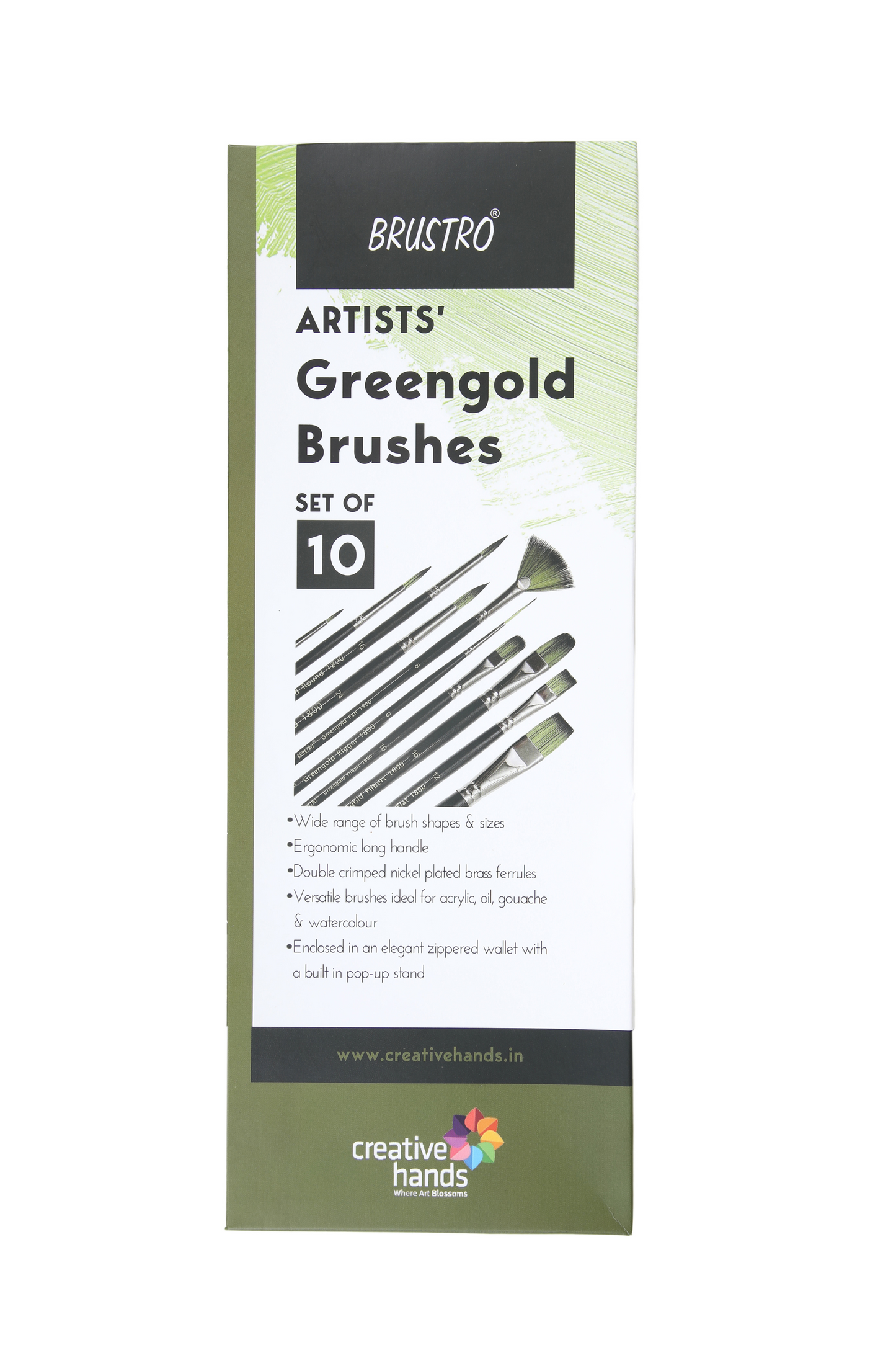 Brustro Artists Greengold Acrylic Brushes Assorted Set of 10. (Comes in an Elegant Black Zippered Wallet)