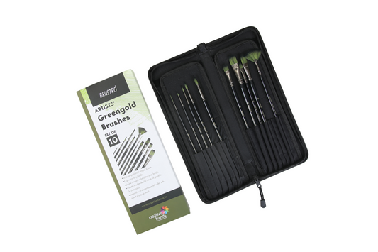 Brustro Artists Greengold Acrylic Brushes Assorted Set of 10. (Comes in an Elegant Black Zippered Wallet)