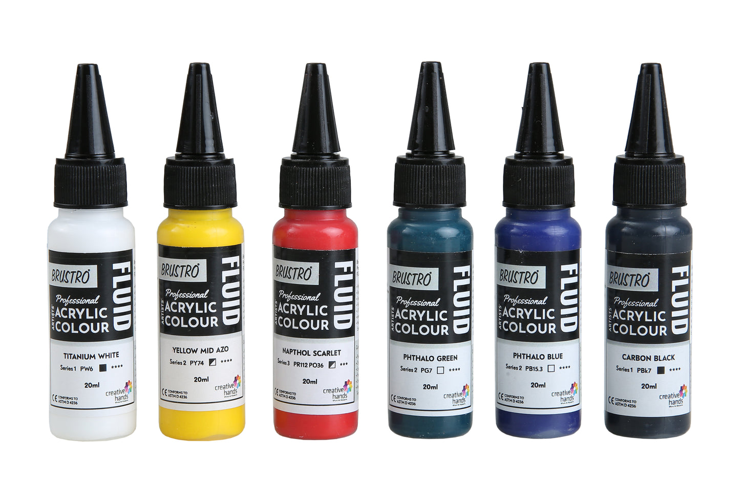 Brustro Professional Artists Fluid Acrylic 20 ml Primary Colours Pack of 5 + 1 Free (Titanium White, Yellow Mid AZO, Napthol Scarlet, Phthalo Blue, Phthalo Green and Carbon Black)