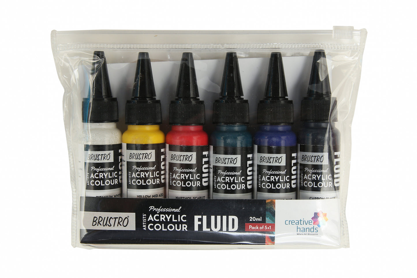 Brustro Professional Artists ’ Fluid Acrylic 20 ml Tropical Paradise Set of 6 (Yellow LightHansa,Chromium Green Oxide,Yellow Green,Brill Aliz,Napthol Crimson,Perm Orange) with Pouring Medium 200 ml