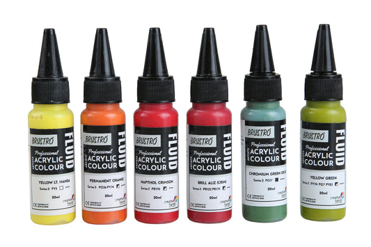 Brustro Professional Artists’ Fluid Acrylic 20 ml Tropical Paradise (Pack of 6) (Yellow Light Hansa, Chromium Green Oxide, Yellow Green, Brill Aliz, Napthol Crimson, Permanent Orange)