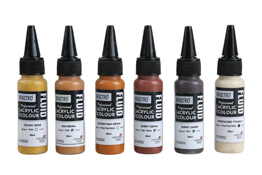 Brustro Professional Artists’ Fluid Acrylic 20 ml Down to Earth Pack of 6 (Burnt Sienna, Burnt Umber, Yellow Oxide, Raw Sienna, Unbleached Titanium, Golden Raw Sienna)