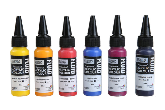 Brustro Professional Artists’ Fluid Acrylic 20 ml High Chroma (Pack of 6) (Cadmium Orange, Cadmium Yellow Medium, Cadmium Red Medium, Cobalt Blue, Dioxazine Purple, Magenta Quinh Violet, 20 ml)