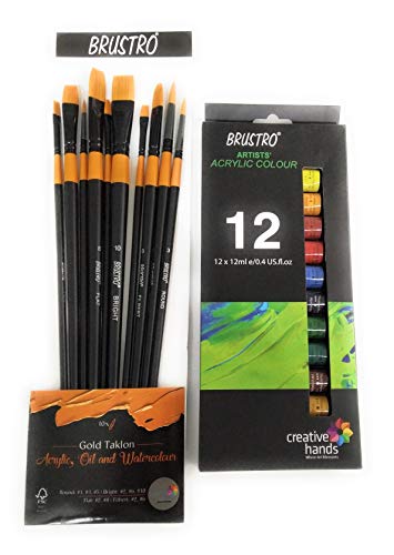 BRUSTRO Artists Acrylic Colour - 12ML, Set of 12 Tubes with Artists Gold TAKLON - Set of 10 Brushes Oil and Watercolour (Multicolour)