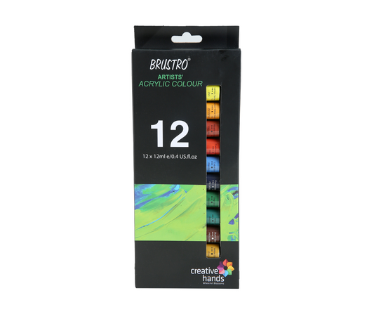 BRUSTRO Artist's Acrylic Colour | Set of 12 Colours X 12ml Tubes | Highly pigmented, Intermixable, Perfect for Canvas, Art, Rock Painting, Professionals and Artists