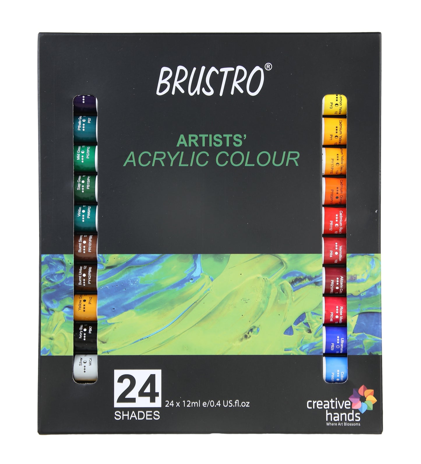 BRUSTRO ARTISTS ACRYLIC COLOUR SET OF 24 COLOURS X 12ML TUBES