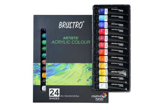 BRUSTRO Acrylic Paint colour set | Set of 24 Colours X 12ml Tubes | Highly pigmented, Intermixable, Perfect For Students, Adults, Beginners, Professionals and Artists