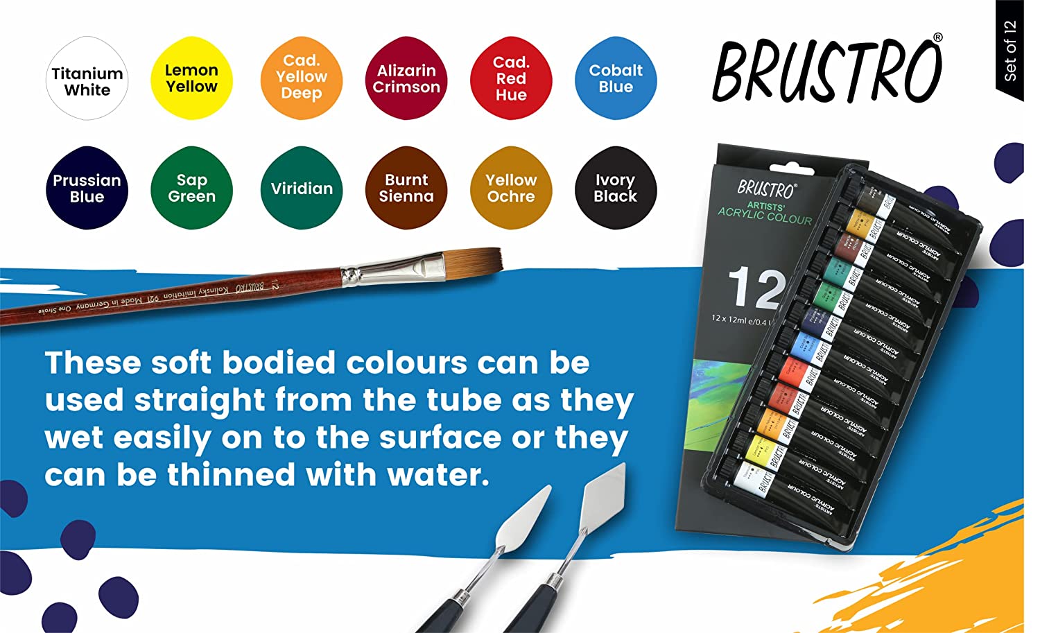 BRUSTRO Acrylic Paint Set of 24, Multicolour 12ml Tubes with Gold Taklon  Brush Set of 10