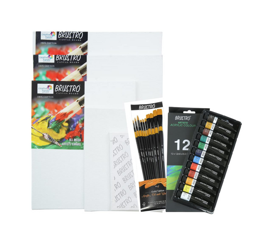 BRUSTRO Artists ’ Acrylic Colour Set of 12 Colours X 12ML Tubes with Gold Taklon Brush Set of 10 and 5 Canvas Boards (4x6, 6x8, 8x10, 10x12, 10x14)