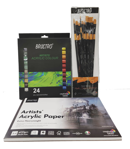 BRUSTRO Artists ’ Acrylic Colour Set of 24 Colours X 12ML Tubes with Glued Pad 400 GSM, A4-12 Sheets and Gold TAKLON Set of 10 Brushes