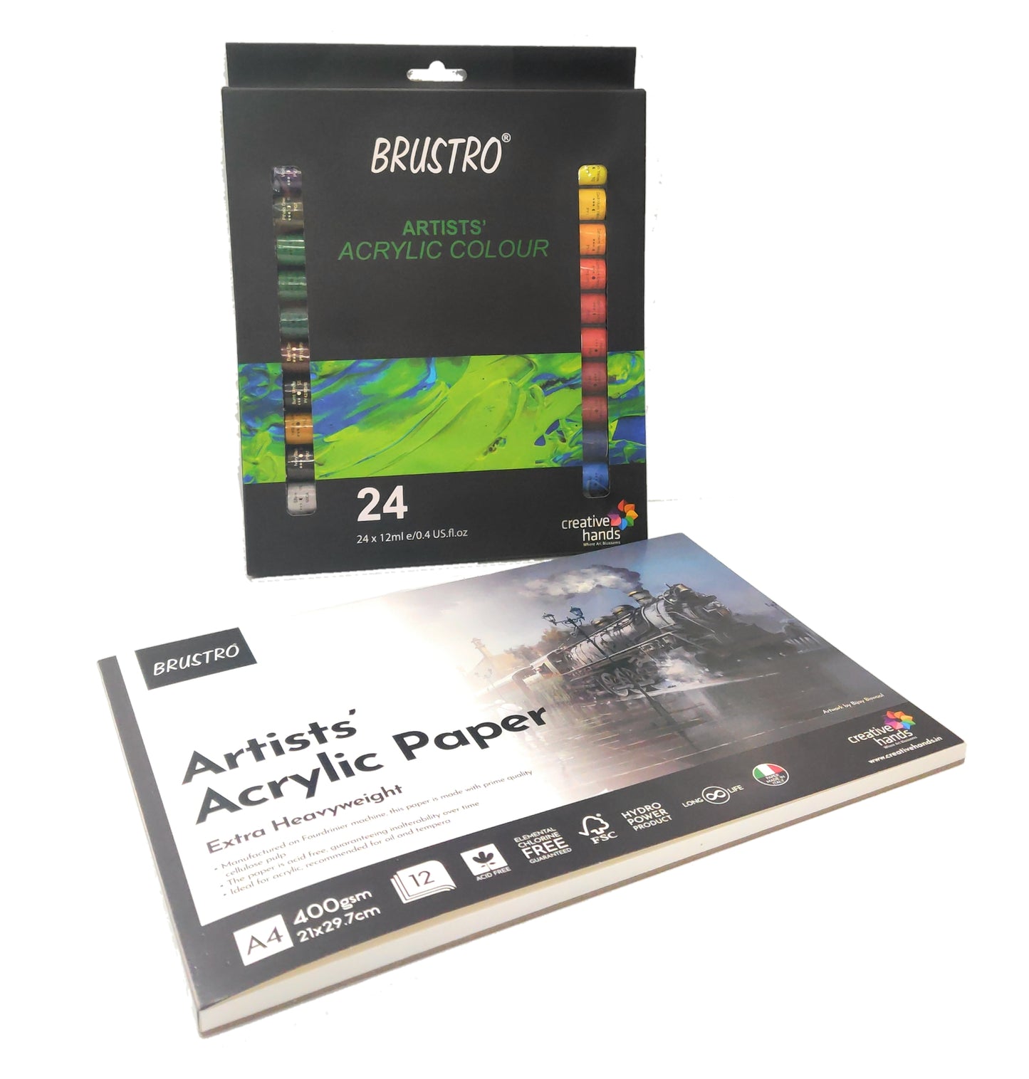 BRUSTRO Artists ’ Acrylic Colour Set of 24 Colours X 12ML Tubes with Artists Acrylic Glued Pad 400 GSM, A4-12 Sheets
