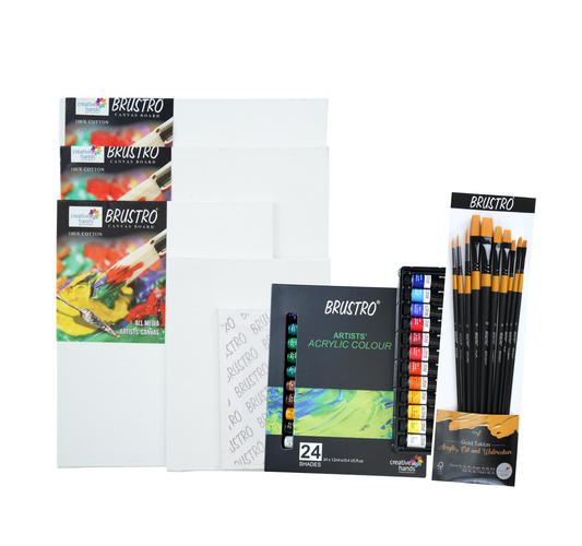 BRUSTRO Artists ’ Acrylic Colour Set of 24 with Gold Taklon Brush Set of 10 and 5 Canvas Boards (4x6, 6x8, 8x10, 10x12, 10x14)