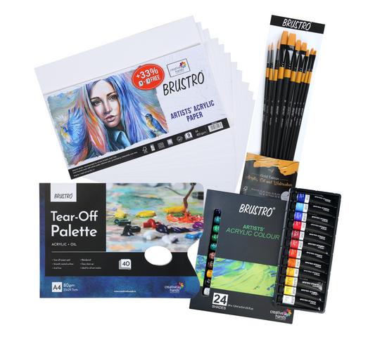 BRUSTRO Artists ’ Acrylic Colour Set of 24 with Gold Taklon Brush Set of 10, Acrylic Paper 400 GSM A4-12 Sheets and an A4 Size Tear Off Paper Palette.