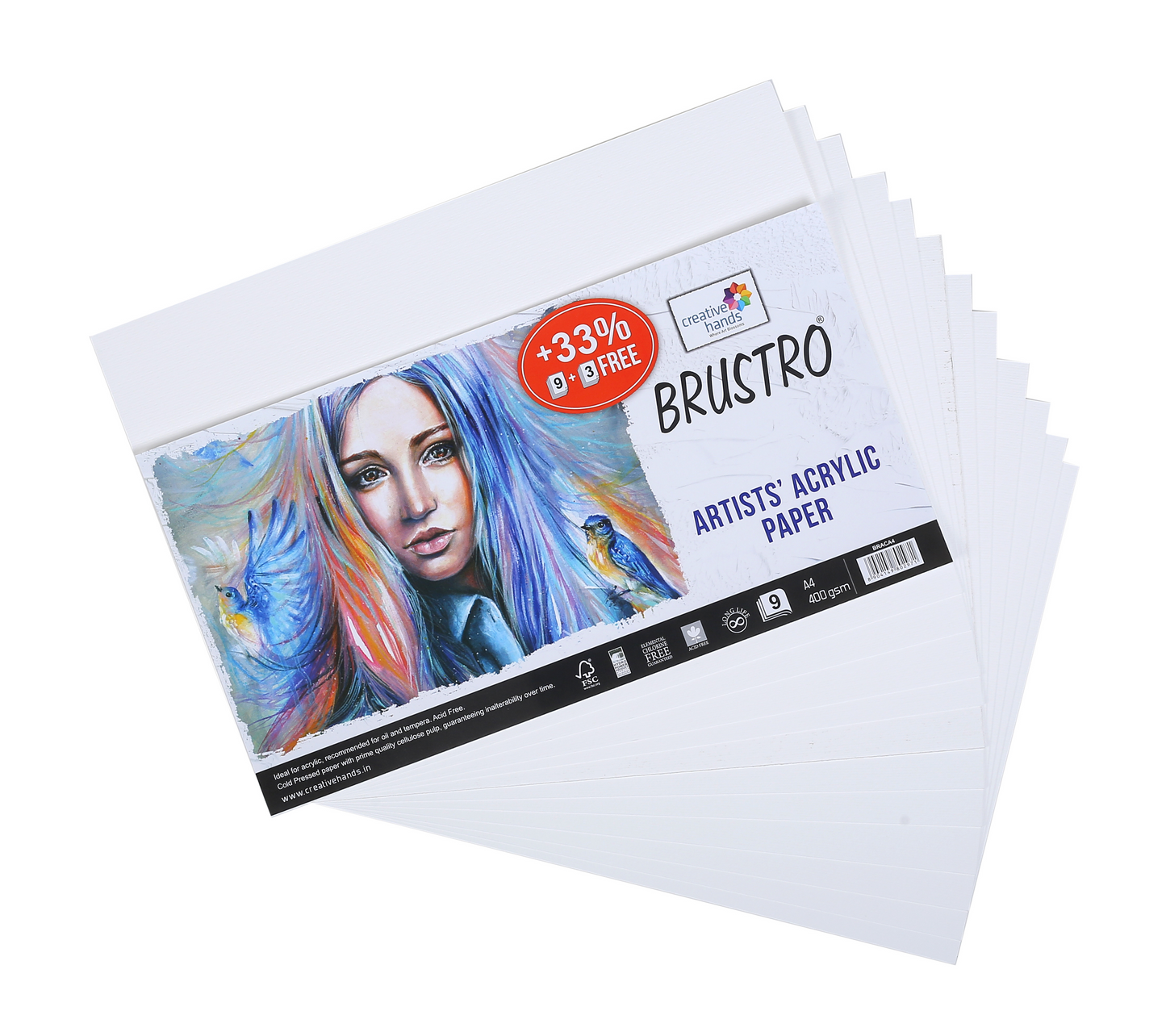 BRUSTRO Artists ’ Acrylic Pastel Colour Set of 12 Colours X 12ML Tubes with 400 GSM A4 Size Paper (Pack of 9 + 3 Free Sheets)