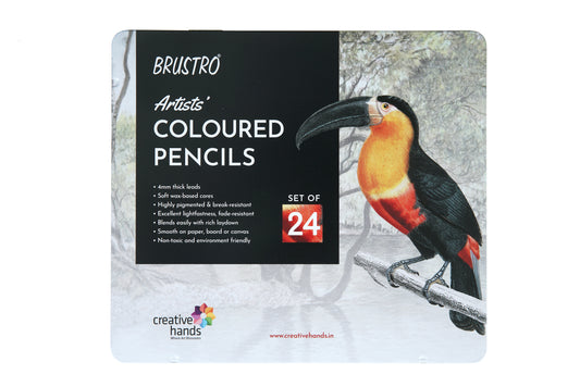 BRUSTRO Artists Colour Pencil | Set of 24 (in an Elegant tin Box) | Ideal for Students,Adults, Bright,Vibrant shades,Break & Fade resistant, DIY Art,Highly Pigmented, School, Portrait, Coloring