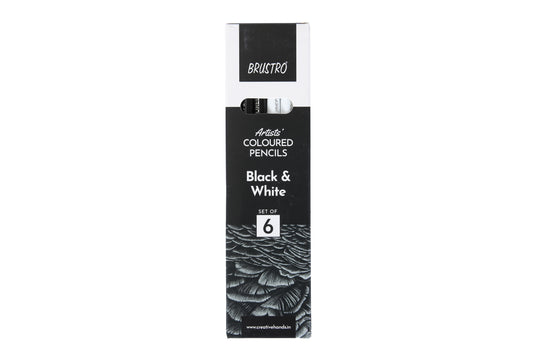 BRUSTRO Artists Coloured Pencils | Black & White | Set of 6 ( 3 Whites and 3 Blacks ) | Ideal for Students and Adults, Color, Sketching, Shading, Drawing, Blending, Mandala Art, School, Office Use