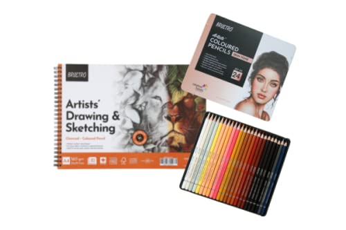 BRUSTRO Artists' Coloured Pencils Skin Tone Set of 24 with Drawing & Sketching Wiro Pad A4-160GSM (30 Sheets)