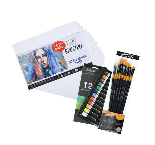 BRUSTRO Artists ’ Acrylic Colour Set of 12 Colours X 12ML Tubes with Gold Taklon Brush Set of 10 and Acrylic Paper 400 GSM A4-12 Sheets.