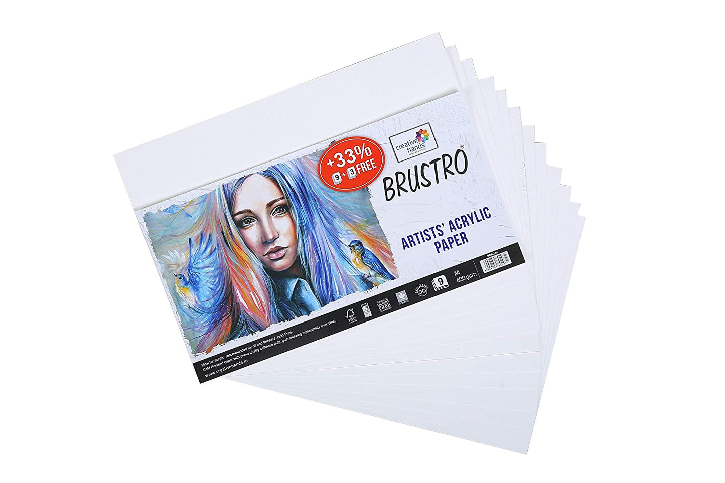 BRUSTRO Artists ’ Acrylic Colour Set of 12 Colours X 12ML Tubes with Gold Taklon Brush Set of 10 and Acrylic Paper 400 GSM A4-12 Sheets.