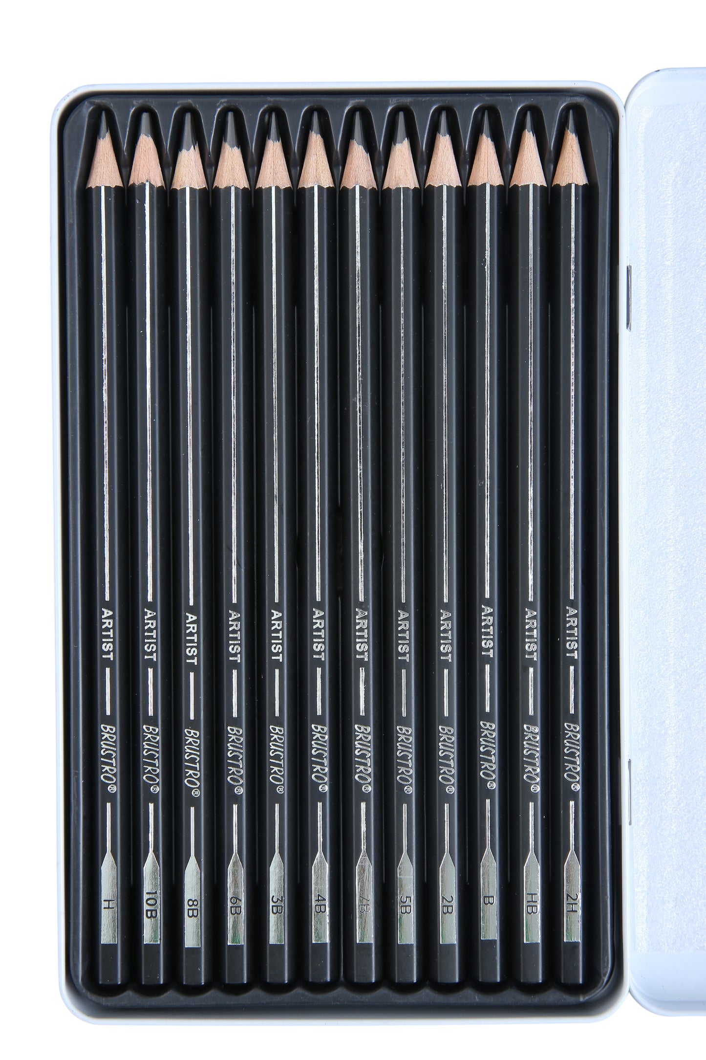 BRUSTRO Artists Fineart Graphite Pencil Set of 12 (10B-2H) with Elegant Tin Box