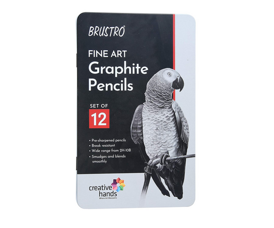 BRUSTRO Fine Art Graphite Pencil Set |10B - 2H | Pack of 12 with Elegant Tin Box| Ideal for Students and Adults, Drawing, Sketching, Mandala Shading, Pencils For Beginners and Artists