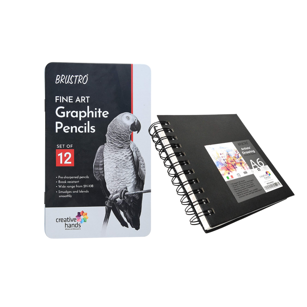 BRUSTRO Artists ’ FINEART Graphite Pencil Set of 12 (10B-2H) with Brustro Artists Sketchbook A6 Size Wiro Bound 116 Pages 160 GSM