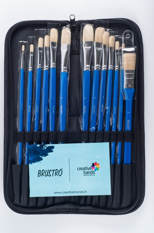 Brustro Artists White Bristle Hair Brushes for Oil and Acrylic Paint with an Elegant Zippered Brush Wallet (Pack of 13)