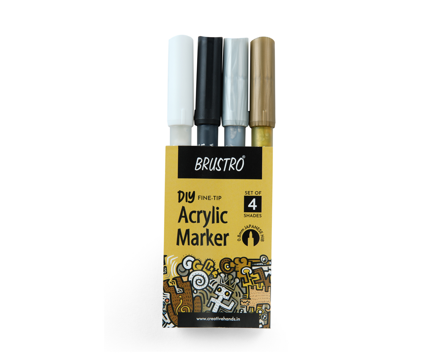 Brustro Acrylic (DIY) Fine Tip Marker Set of 4 – Gold, Silver, Black, White 0.8MM