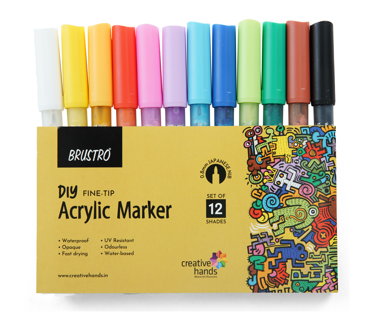 Brustro Acrylic (DIY) Fine Tip Marker Set of 12 - Basic 0.8MM for Craftworks, School Projects, and Other Presentations