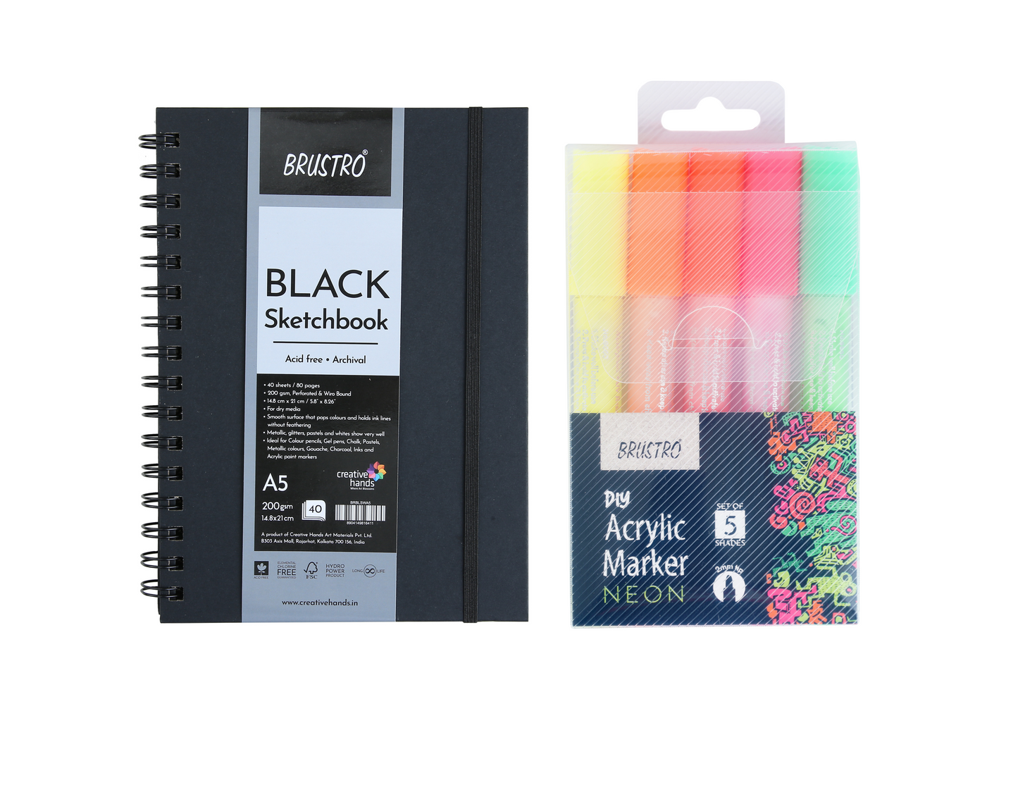 Brustro Acrylic (DIY) Marker Set of 5-Fluroscent Shade with Black Sketchbook