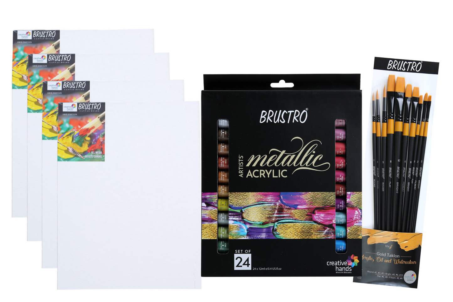 Brustro Artists’ Metallic Acrylic Set of 24 and Taklon Brush Set of 10 with 4 Canvas Boards