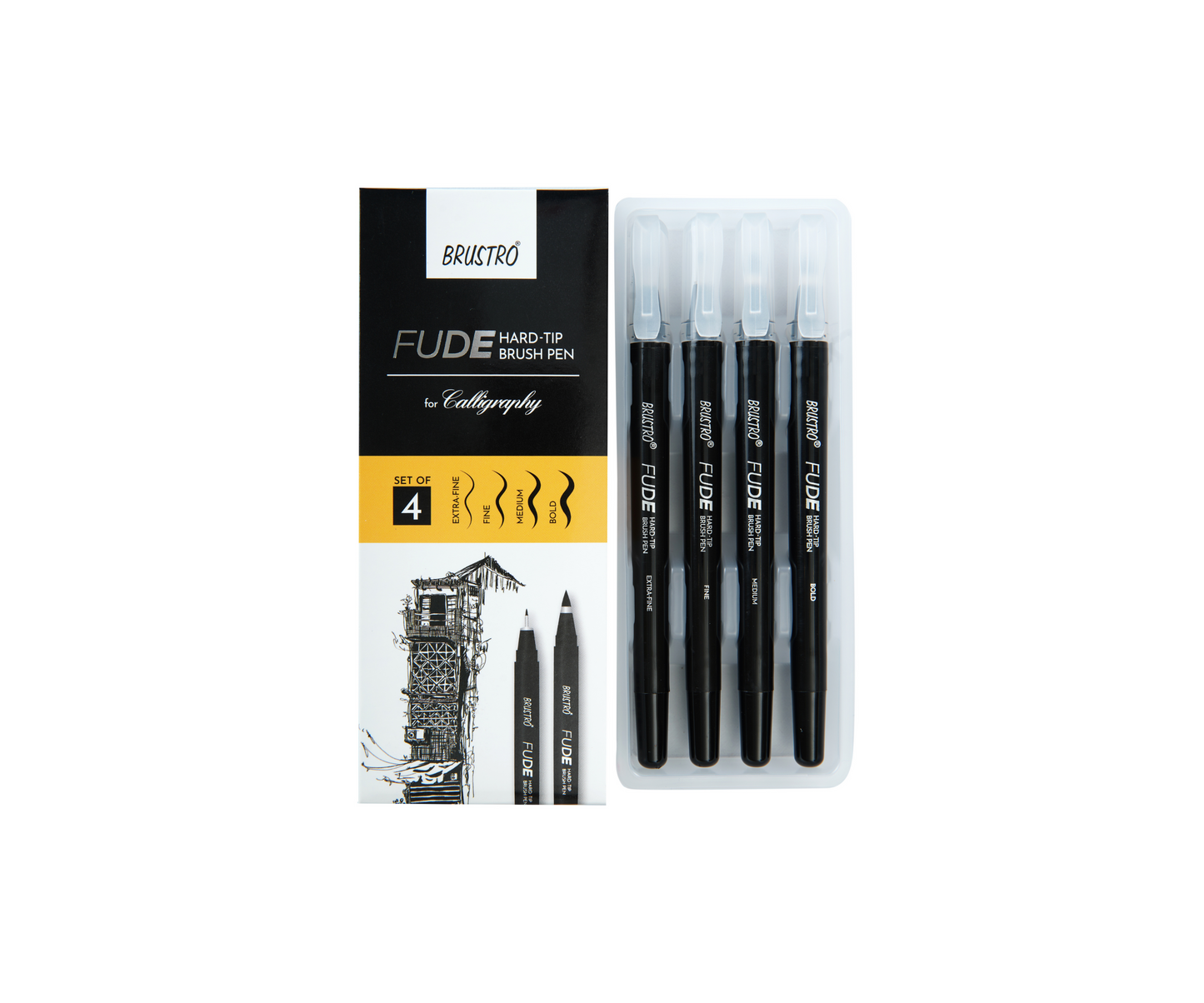Brustro Fude Hard-tip Black Ink Brush Pen Set of 4. (Extra-fine/Fine/Medium/Bold)