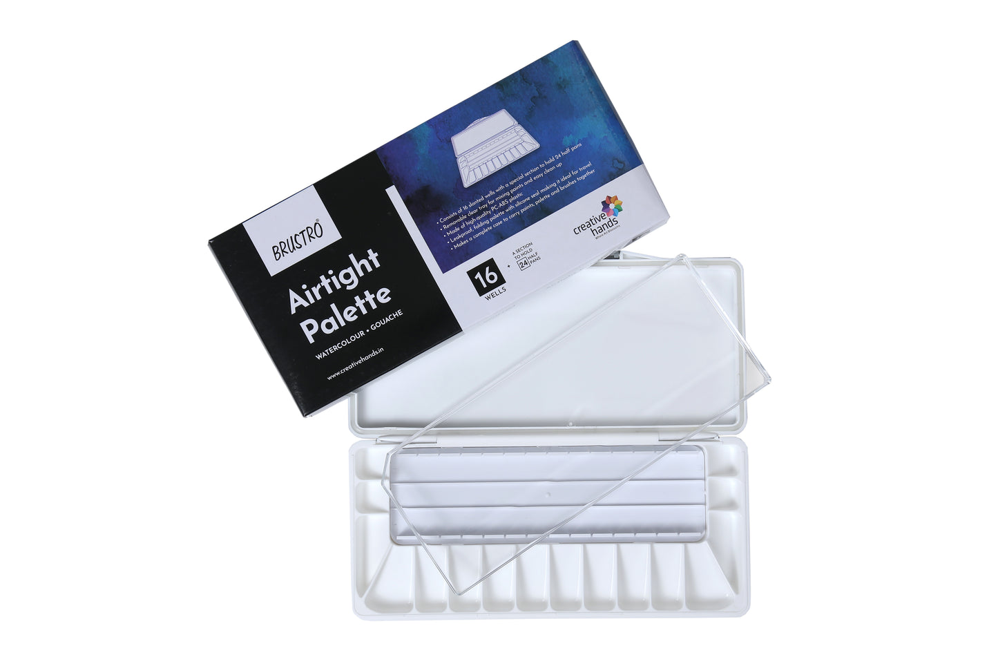 BRUSTRO Artists’ AIRTIGHT Palette 16 Wells for Watercolour and Gouache with a Special Section to Hold 24 Half Pans and a Removable Clear Tray