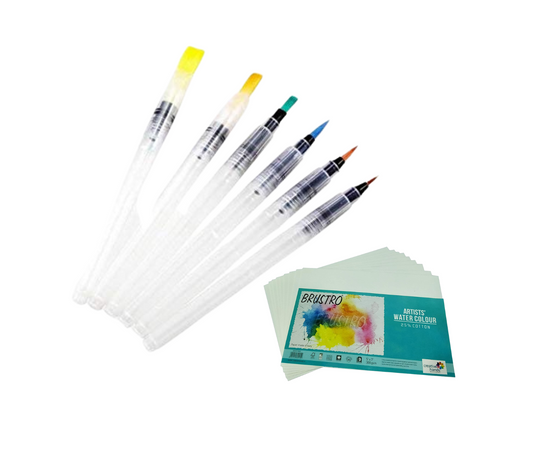 Brustro 3 Flat and Round Aqua Squeeze Leak Proof Watercolour Brush Pen with 9 Sheets Paper Cotton CP 300 GSM, 5x7-inch (Assorted) - Set of 6