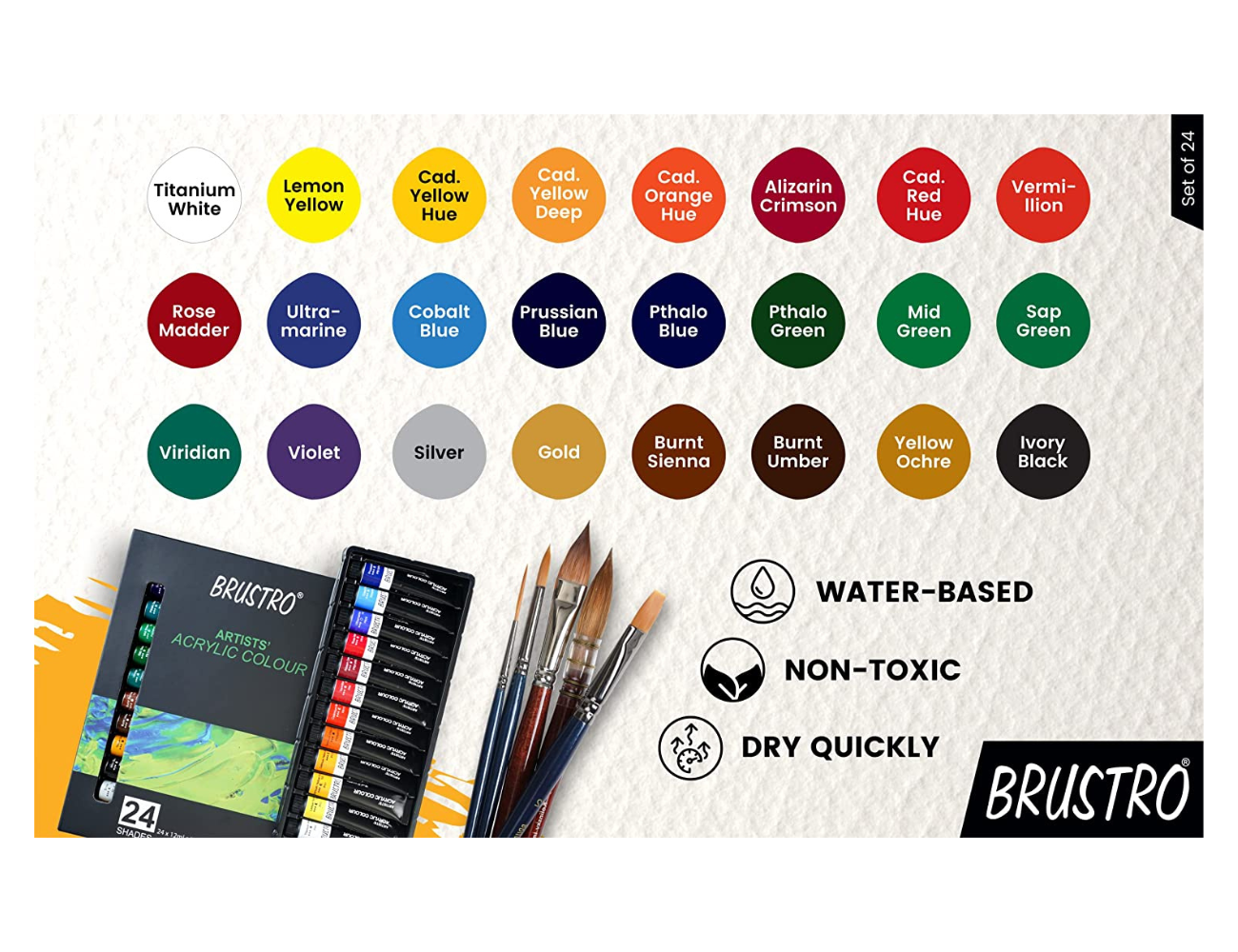 BRUSTRO Artists ’ Acrylic Colour Set of 24 Colours X 12ML Tubes with Artists Acrylic Glued Pad 400 GSM, A4-12 Sheets