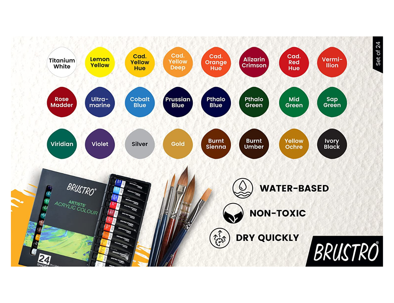 BRUSTRO Artists ’ Acrylic Colour Set of 24 with Gold Taklon Brush Set of 10, Acrylic Paper 400 GSM A4-12 Sheets and an A4 Size Tear Off Paper Palette.