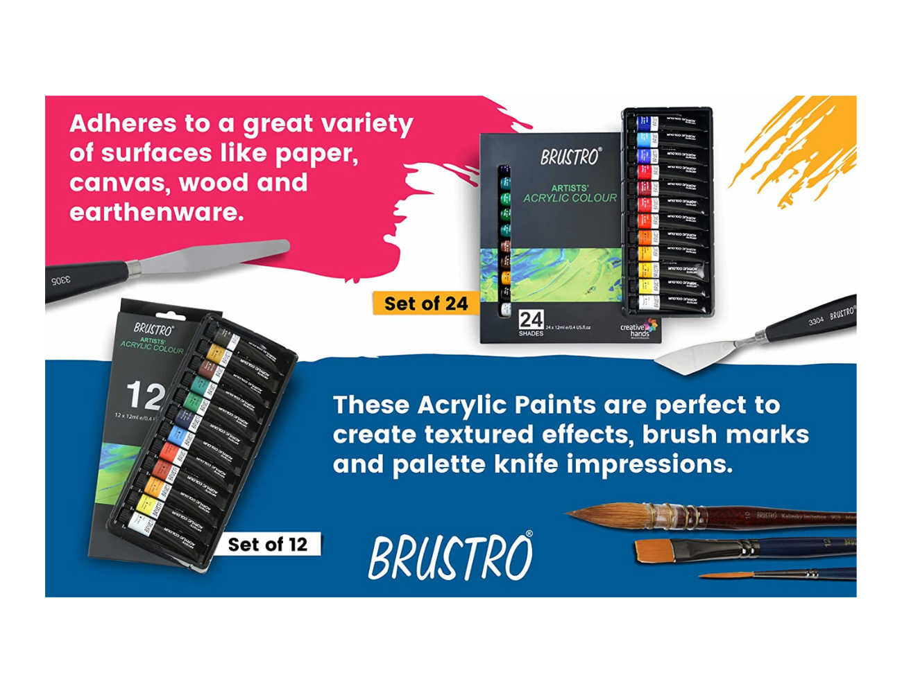 BRUSTRO Artists ’ Acrylic Colour Set of 12 Colours X 12ML Tubes with Gold Taklon Brush Set of 10 and Acrylic Paper 400 GSM A4-12 Sheets.