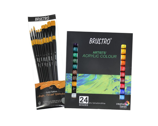 BRUSTRO Acrylic Paint Set of 24, Multicolour 12ml Tubes with Gold Taklon Brush Set of 10