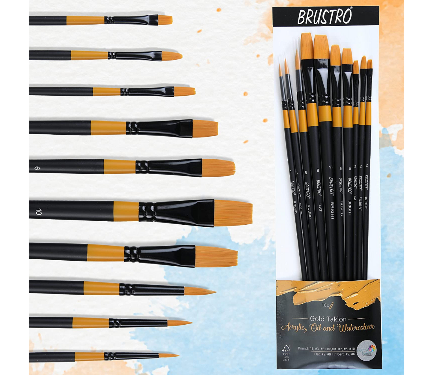 BRUSTRO Artists ’ Acrylic Colour Set of 24 with Gold Taklon Brush Set of 10, Acrylic Paper 400 GSM A4-12 Sheets and an A4 Size Tear Off Paper Palette.