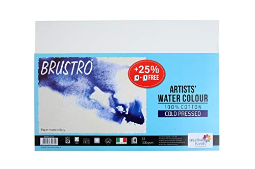 Brustro 100% Cotton Artists’ Watercolour Paper 300 GSM Cold Pressed A3 (Pack of 4+1 free)
