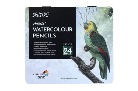 BRUSTRO Artists Watercolour Pencil |Set of 24 (in Elegant tin Box)|Ideal for Artists, Students, Drawing,Colouring,Painting on Paper, water soluble, Professional Quality, Break-resistant,Vibrant Colors