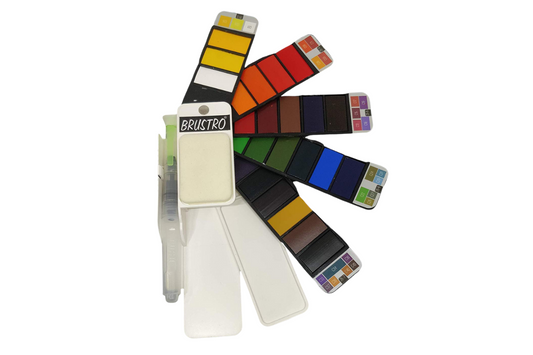 BRUSTRO Artists Watercolour Travel Pan Set of 25 Colours | Foldable, Rich Pigment, Vibrant Colors, Ideal for Plein Air Painting, Professional Use, Fine Art Students (Includes Mixing Palette)