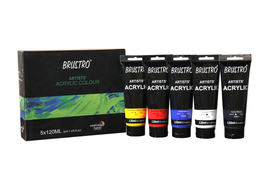 Brustro Artists' Acrylic 120ml, Pack of 5 Primary Shades  (Titanium White, Cad Yellow, Ultramarine, Cadmium Red & Ivory Black)