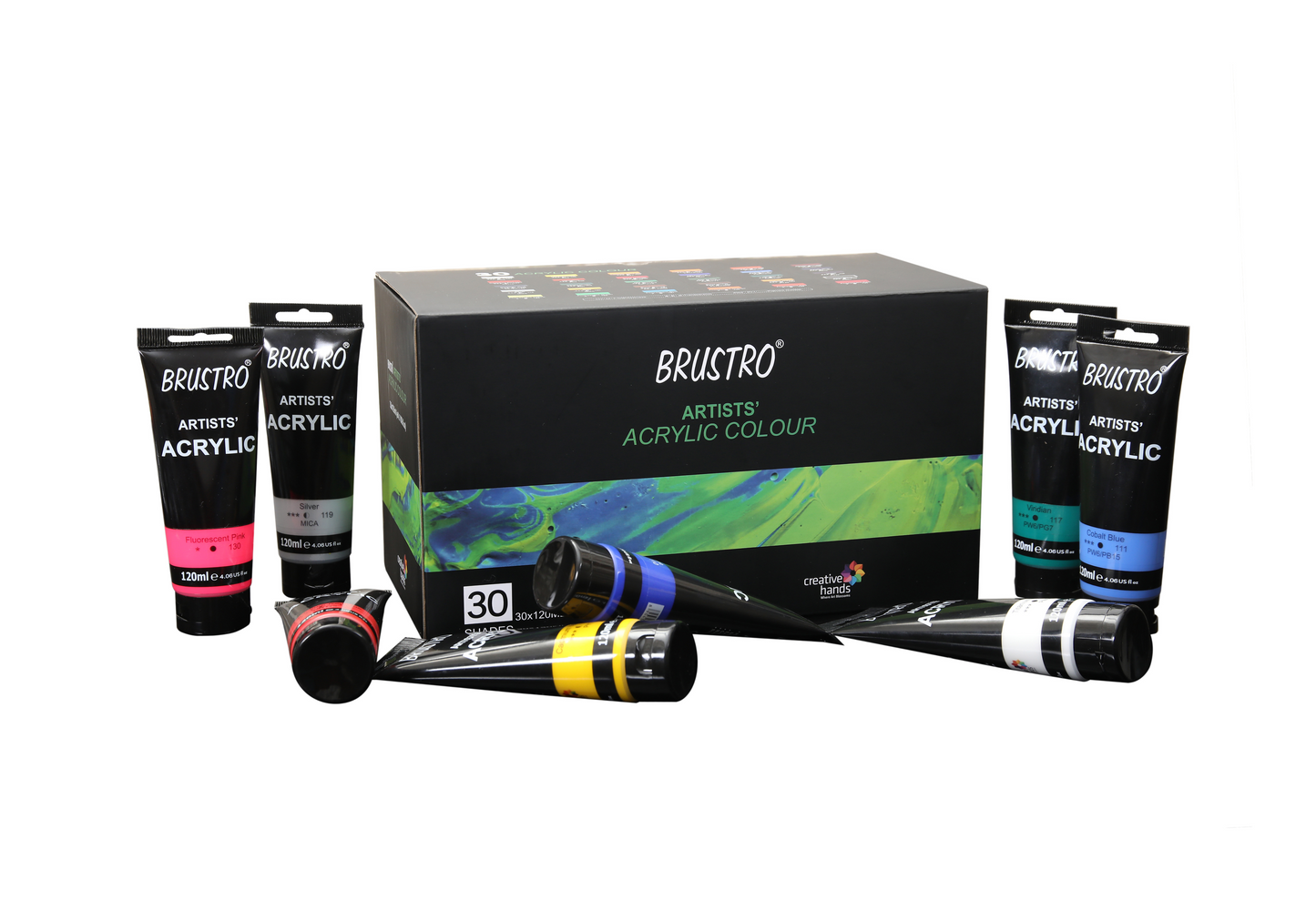 Brustro Artists' Acrylic 120ml, Pack of 5 Primary Shades  (Titanium White, Cad Yellow, Ultramarine, Cadmium Red & Ivory Black)