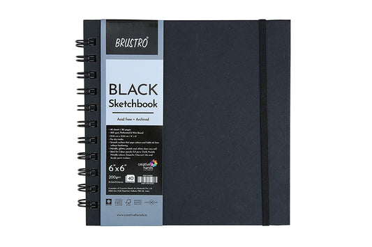 Brustro Black Sketchbook, Wiro Bound, Size 6" x 6" Inches, 200GSM (40 Sheets) 80 Pages