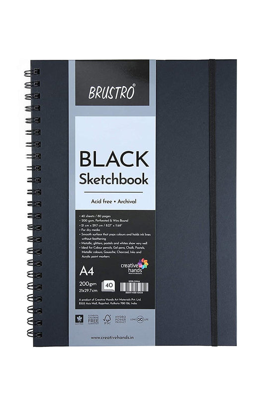 Brustro Black Sketchbook, Wiro Bound, Size A4, 200GSM (40 Sheets) 80 Pages