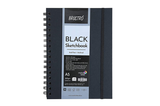 BRUSTRO Black Sketchbook | A5, 200GSM | 40 Sheets/80 Pages | Wiro Bound, Spiral, Premium, Acid-free Paper, Professional-Grade, Ideal for Dry media, Mandala art, Graphite, Charcoal, School, Office use