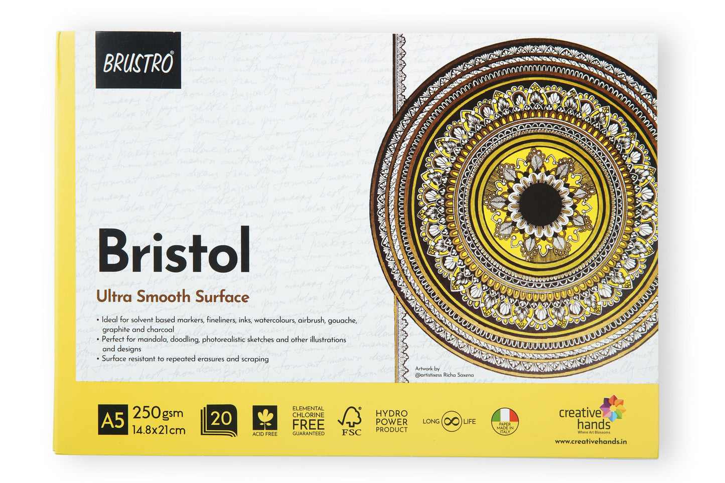 Brustro Artists' Bristol Ultra Smooth Surface Glued Pad, 250 GSM, 20 Sheets, Size- A5