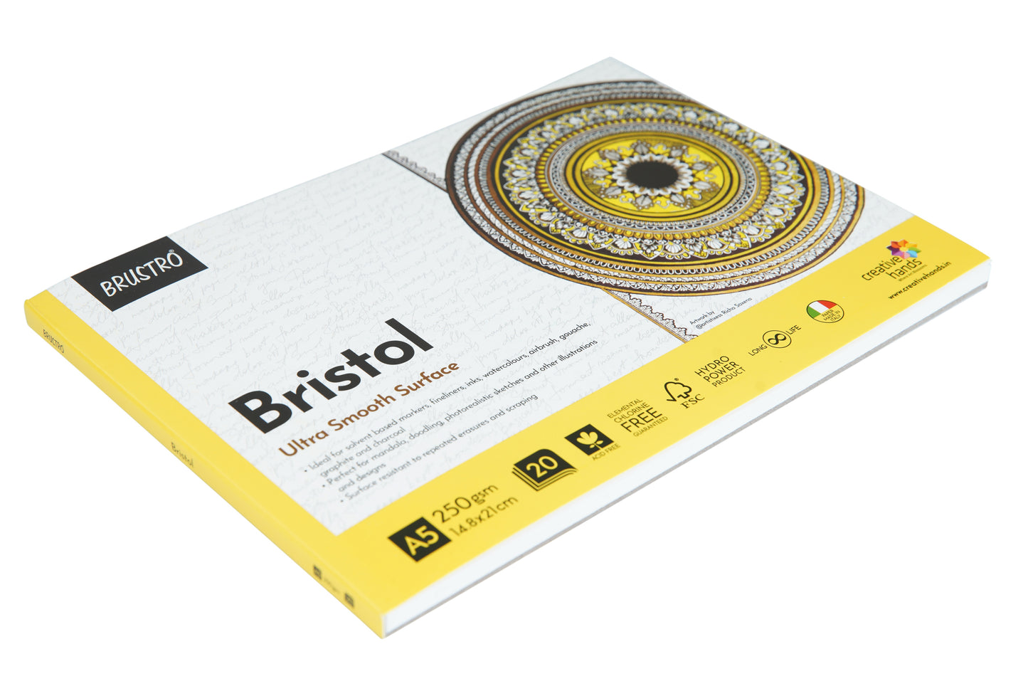 Brustro Artists' Bristol Ultra Smooth Surface Glued Pad, 250 GSM, 20 Sheets, Size- A5